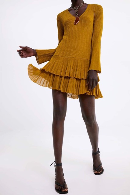 Váy nữ len sợi vàng mustard size S M MINI DRESS WITH FRILLS au.t
