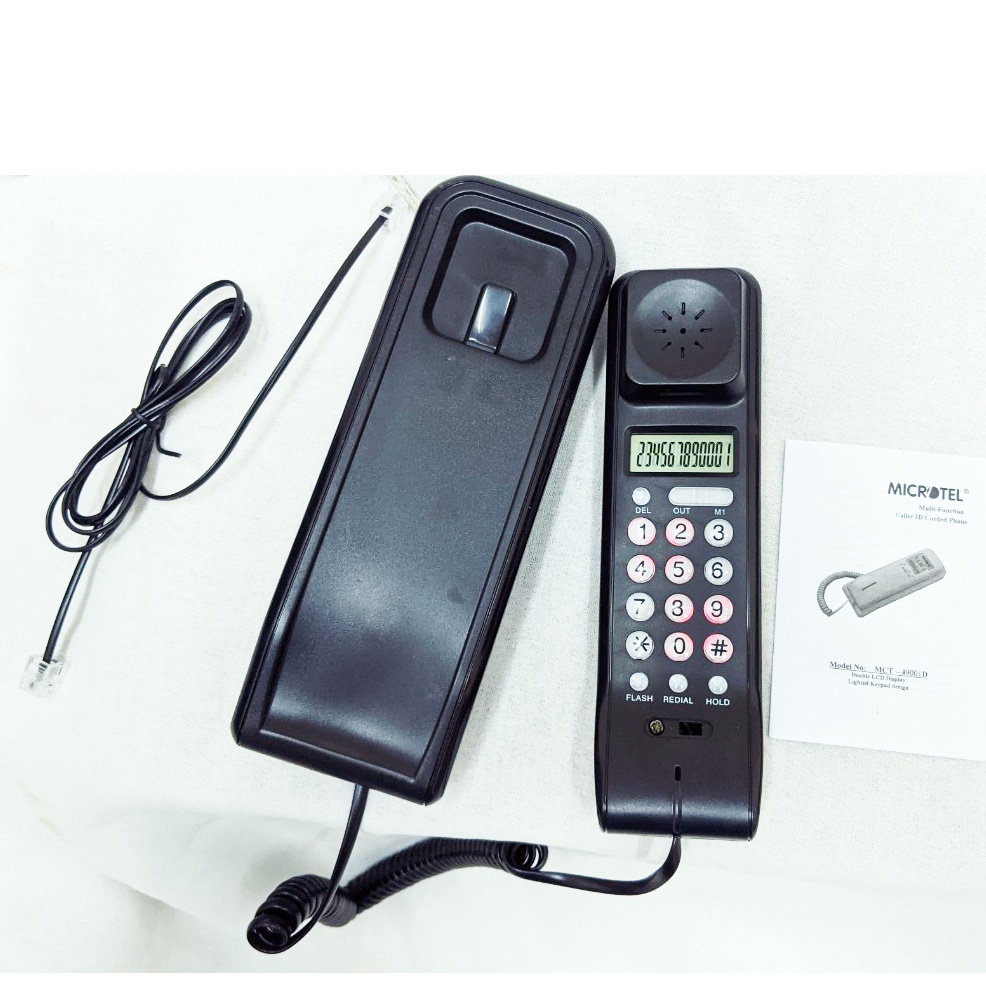 Điện thoại cố định có dây bàn phím trên tay cầm, 2 màn hình hiện số gọi tới, treo tường, cho hotel, cty, gia đình.