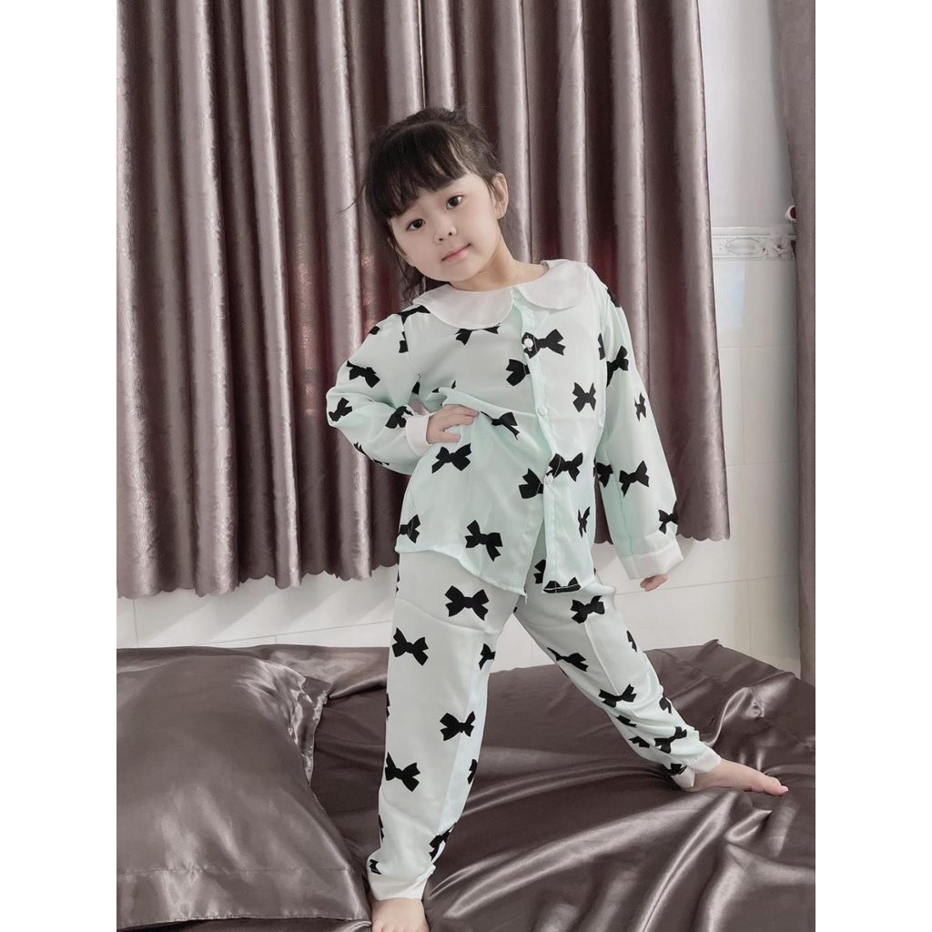 [ 15-28 KG ] Bộ Đồ Ngủ Pijama Bé Gái - Set Quần Áo Trẻ Em Mặc Nhà Lụa Cao Cấp Nhiều Màu Dài Tay Họa Tiết Dễ Thương