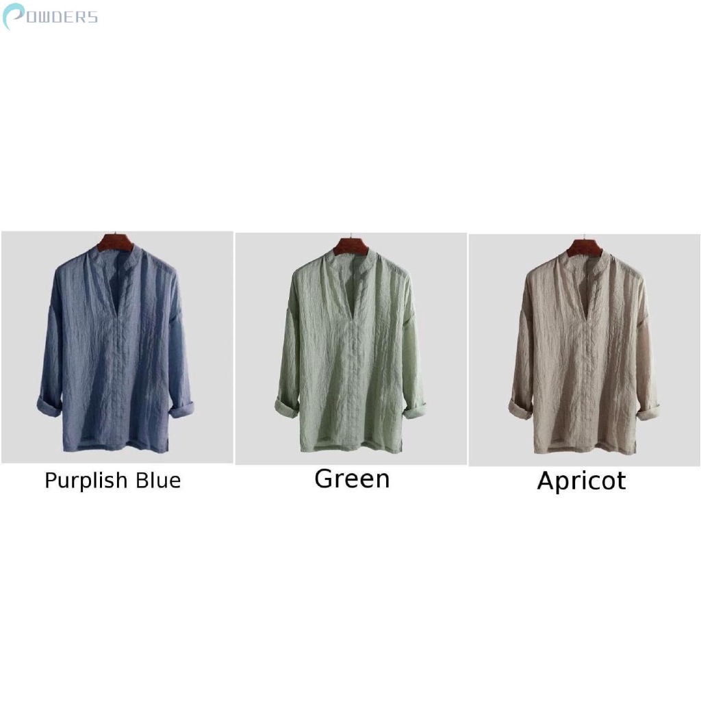 Áo sơ mi nam dáng rộng vải cotton cổ chữ V đơn giản hợp thời trang