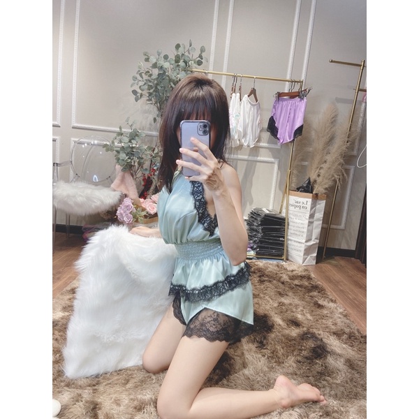 Set cổ yếm lụa mặc nhà phối viền ren đáng yêu, quyến rũ