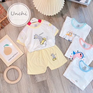 Bộ cộc tay bé trai bé gái UNCHI Mom chất mát lạnh co giãn 4 chiều mát lạnh họa tiết hoạt hình size từ 5 đến 14kg
