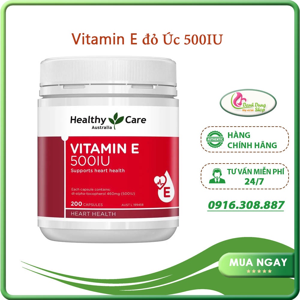Vitamin E 500UI HealthyCare của Úc, lọ 200 viên, mẫu mới