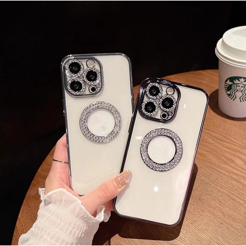 Ốp Điện Thoại Trong Suốt Đính Kim Cương Giả Sang Trọng Bảo Vệ camera Cho iPhone 11 12 13 Pro Max