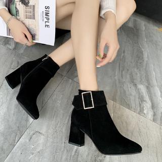 Giày Bốt Da Lộn Đen Cao Gót Thời Trang Thu Đông Cho Nữ