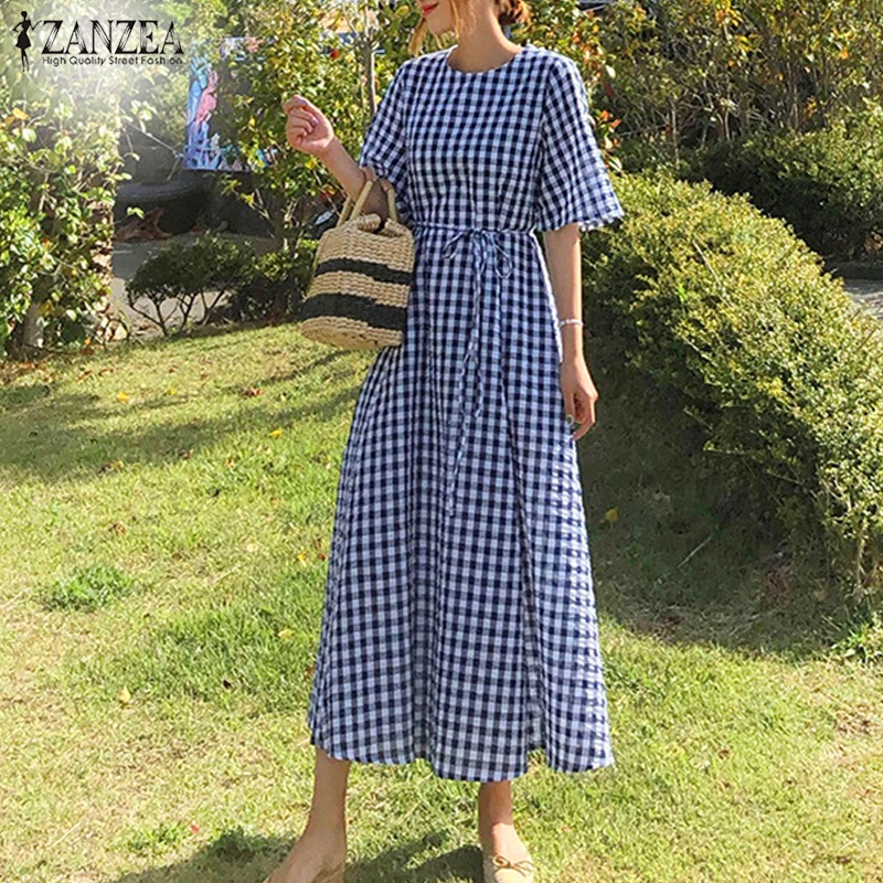 Đầm Maxi ZANZEA Tay Ngắn Dáng Rộng Hoạ Tiết Caro Phong Cách Thanh Lịch Thời Trang | BigBuy360 - bigbuy360.vn
