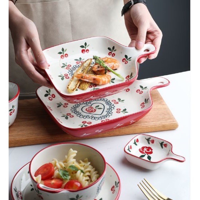 Đĩa sứ Cherry dáng vuông có tay cầm dài decor bàn ăn, trang trí món ăn