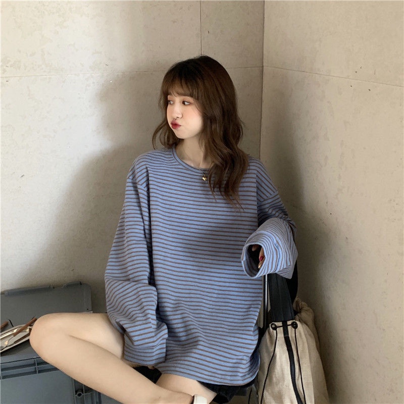 Jiashucheng Áo Thun Nữ Dài Tay Cổ Tròn Sọc Ngang Thời Trang Hàn Mới