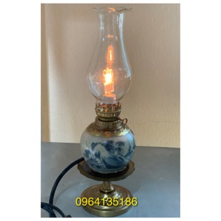 Đèn thờ men rạn bọc đồng h26cm thắp điện gốm sứ Bát Tràng