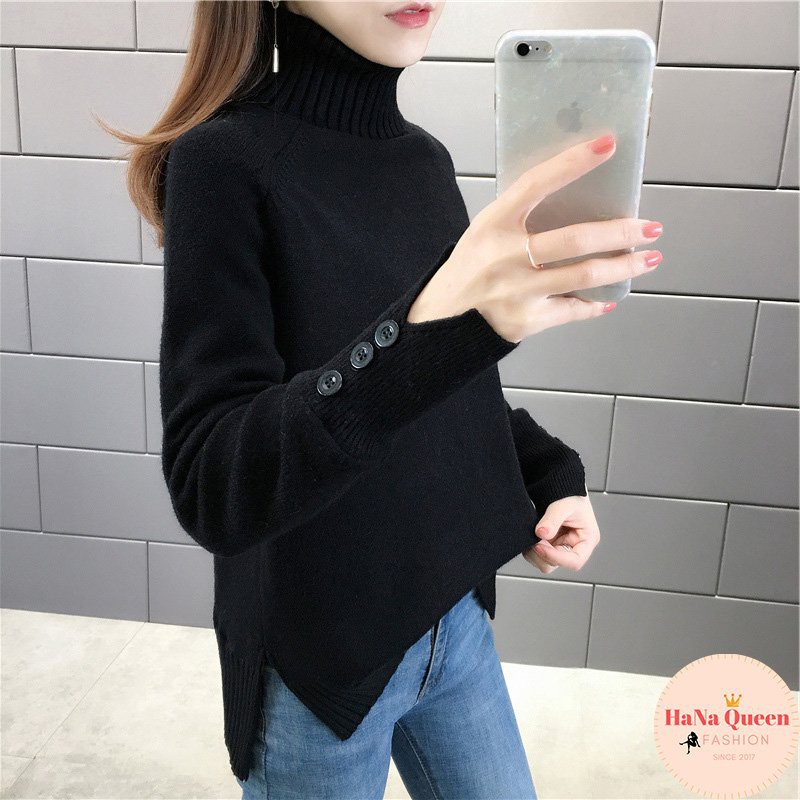 [Xả Kho] Áo len nữ cao cổ xẻ vạt ống tay đính cúc cách điệu