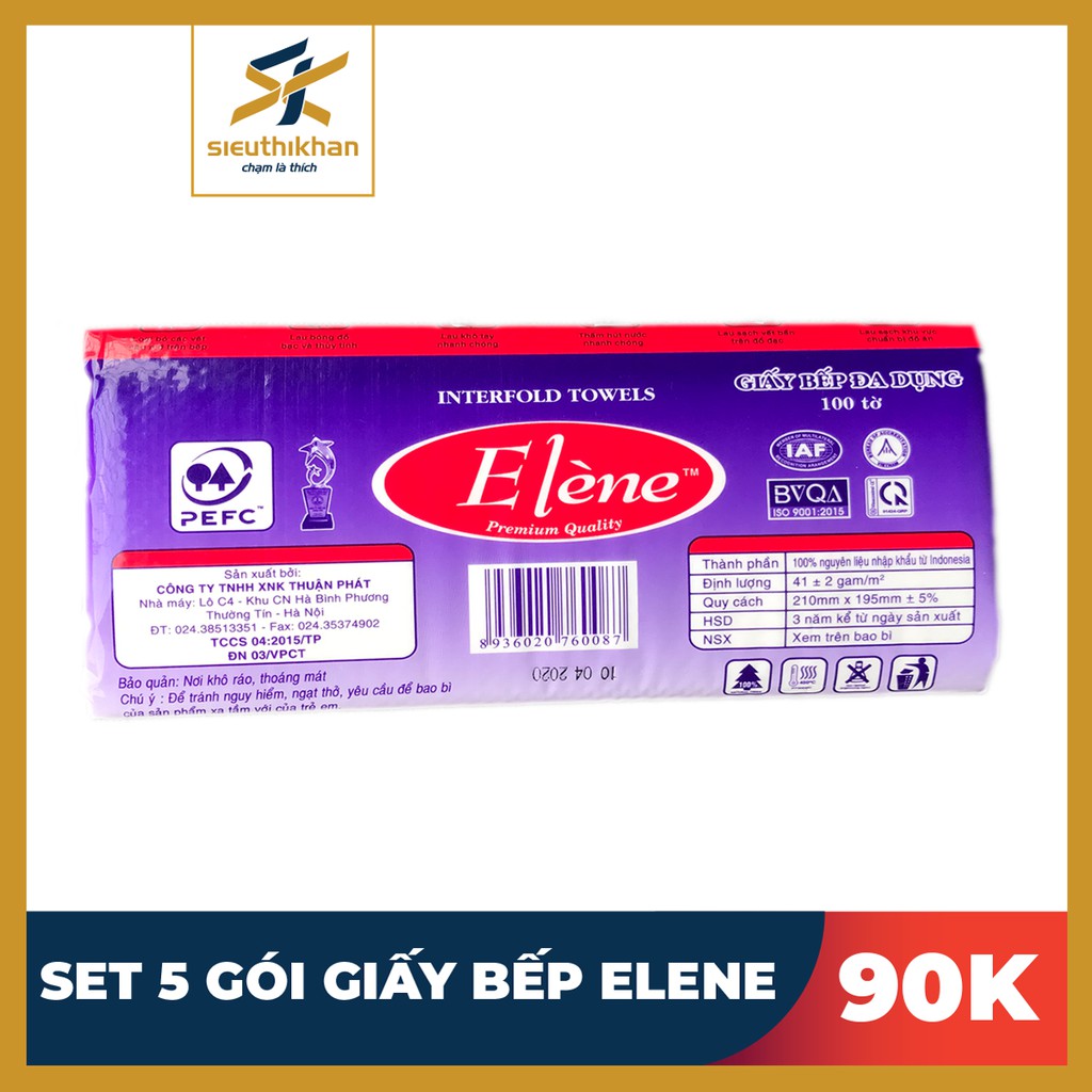 Set 5 gói giấy bếp lau tay, thấm dầu Elene 100 tờ, 2 lớp, kích thước 21x19