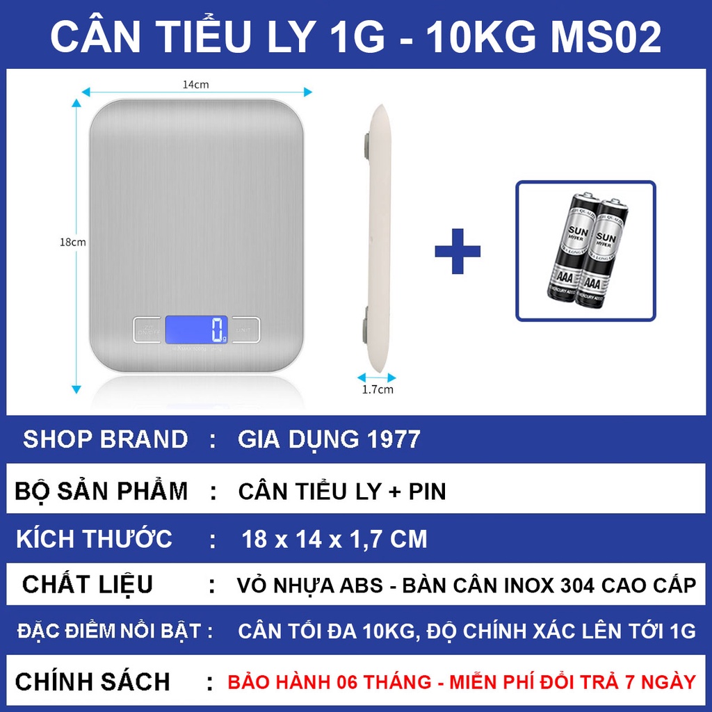 Cân tiểu ly điện tử nhà bếp cao cấp định lượng 1g - 10kg, Cân tiểu li mini làm bánh độ chính xác cao kèm pin