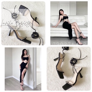 Guốc nữ loviie basics - sandal cao gót quai đính đá ngang thời trang - giày chiến binh cột dây 7 phân g220521