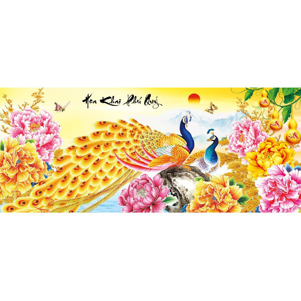 Tranh Đính Đá CÔNG HOA KHAI PHÚ QUÝ KT:110x50cm