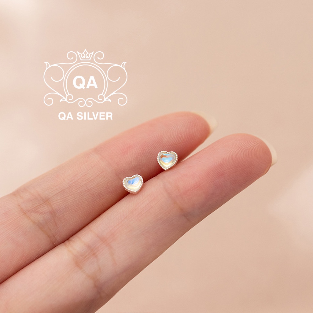 Khuyên tai bạc 925 trái tim đính đá chốt bi vặn ánh xà cừ bông nụ nam nữ S925 HEART QA SILVER Earrings EA220402