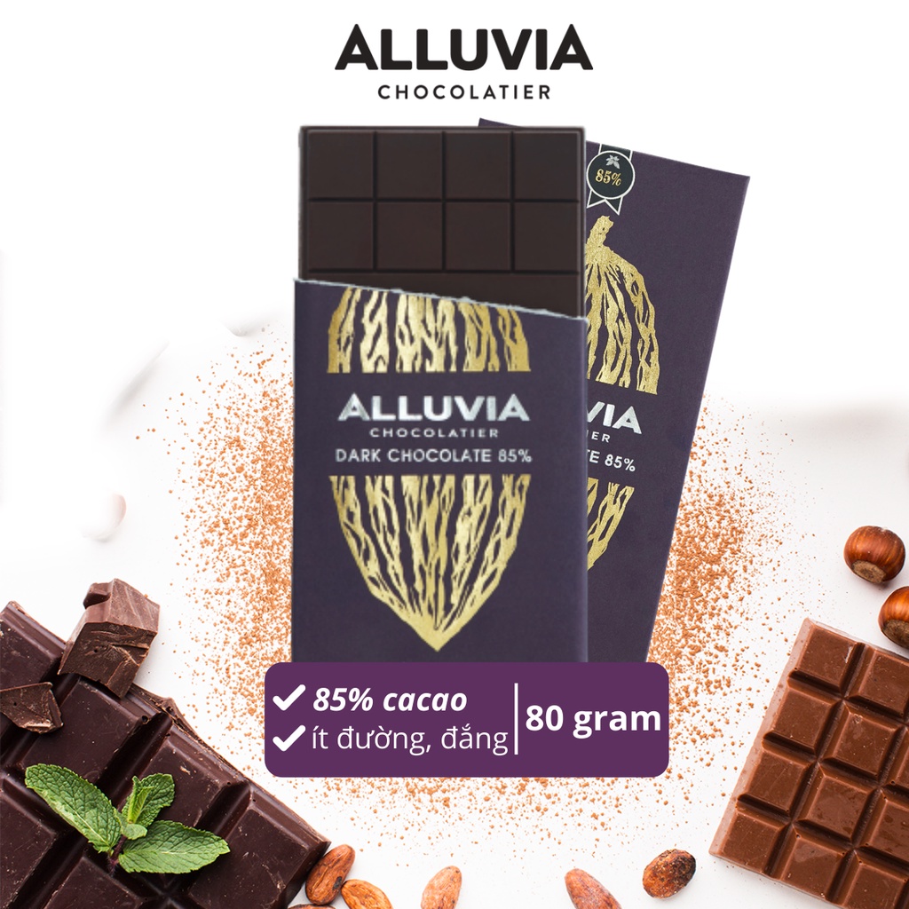 Socola đen nguyên chất ít đường đắng đậm 85% cacao Alluvia Chocolate Dark Chocolate 85% less sugar