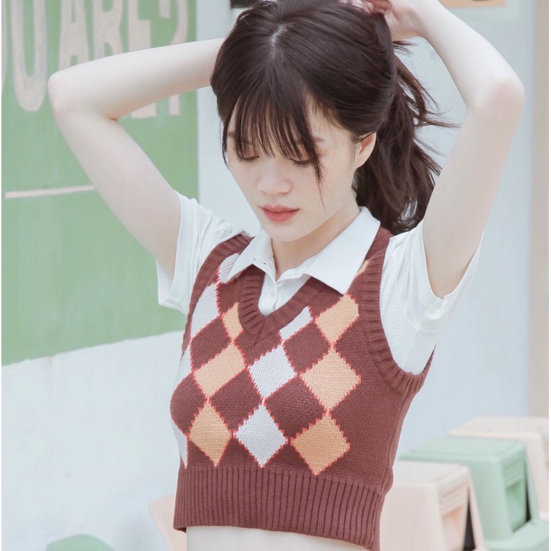Áo Gile Checked Print Contrast Cropped Vest