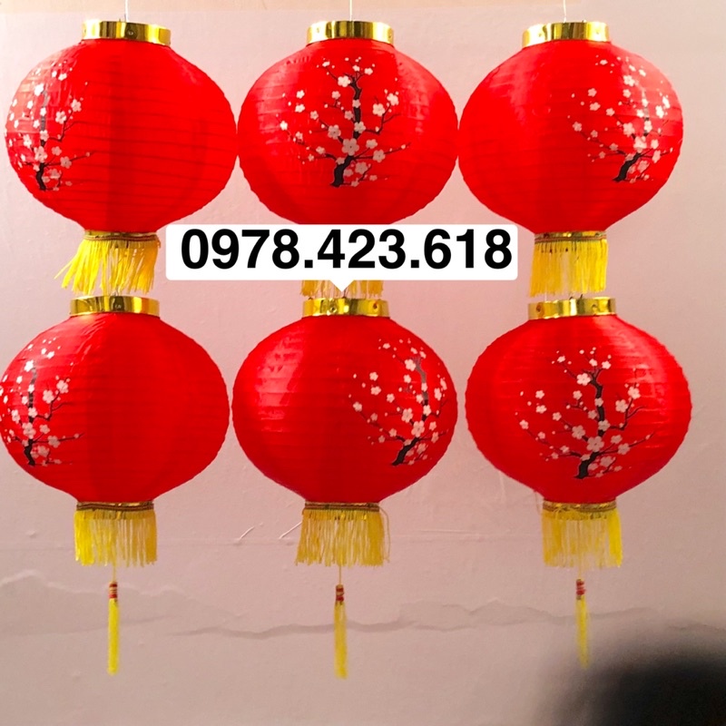 Đèn lồng Hoa đào - đèn lồng Nhật Bản - đèn lồng vải tròn trang trí Tết Đỏ (1 Cái) - kèm tua nhỏ