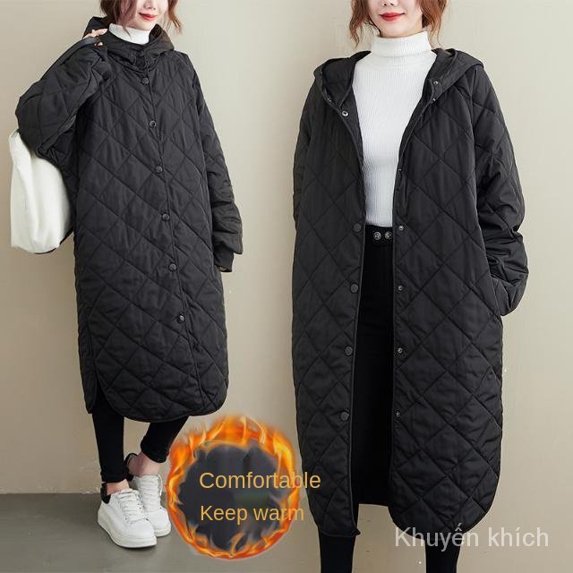 Áo khoác lót cotton dáng rộng size lớn siêu dài thời trang mùa đông dễ phối đồ cho nữ 2021