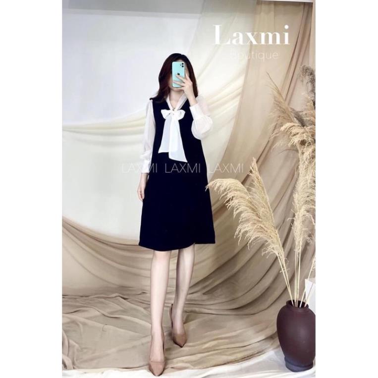 Đầm bầu dài tay-Váy bầu đũi xước công sở thắt nơ cổ 2 màu