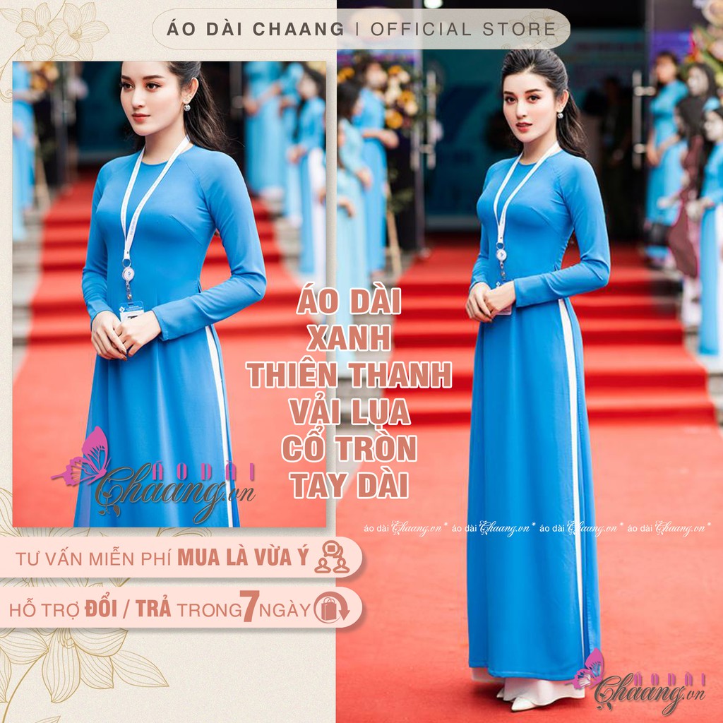 Áo dài xanh thiên thanh niên Chaang May sẵn vải áo dài lụa truyền thống cổ tròn đoàn viên đẹp