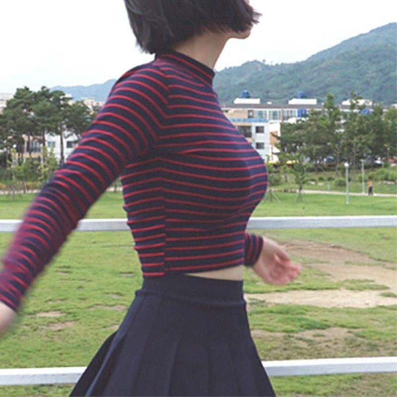 DUNEA Áo thun cotton tay dài kẻ sọc kiểu dáng quyến rũ cho nữ