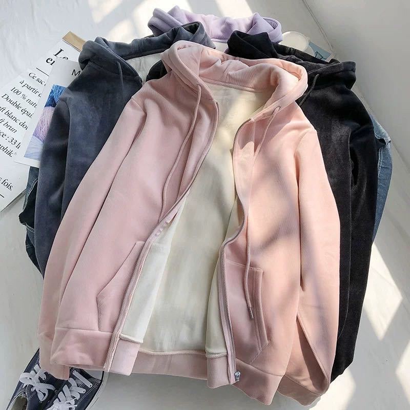 Áo hoodie zip nỉ bông hồng pastel dễ thương