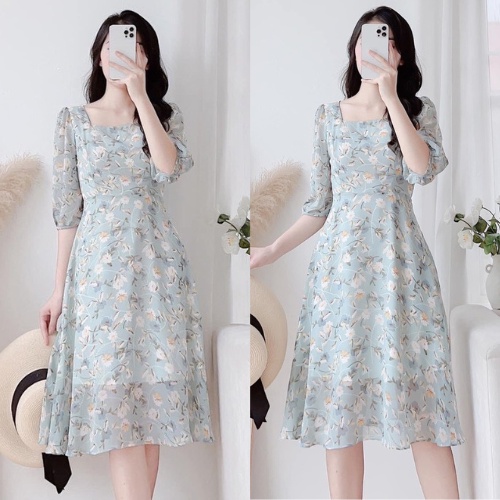 Váy hoa tay lỡ cổ vuông , váy đi biển, đi làm, đi tiệc, đầm hoa vintage váy voan hoa tiểu thư sang chảnh V7_Deloga