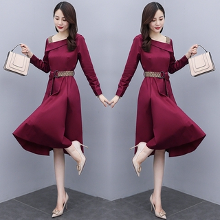 Đầm Nữ Dài Tay Cổ Bẻ Eo Thắt Dây Thời Trang Hàn