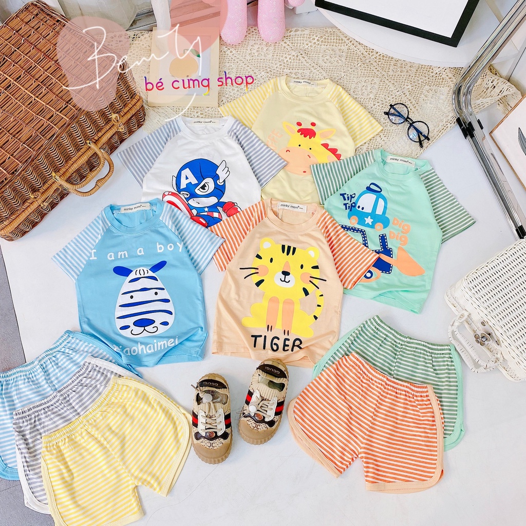 Bộ đồ cộc tay MINKY MOM họa tiết đáng yêu cho bé trai bé gái từ 8- 22kg