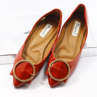 [Size 37] Giày búp bê đỏ da mềm ôm chân đính vòng đá đẹp mắt