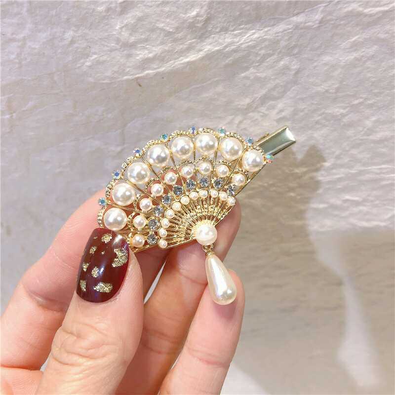 Kẹp Tóc Hình Quạt Đính Ngọc Trai Phong Cách vintage Hàn Quốc