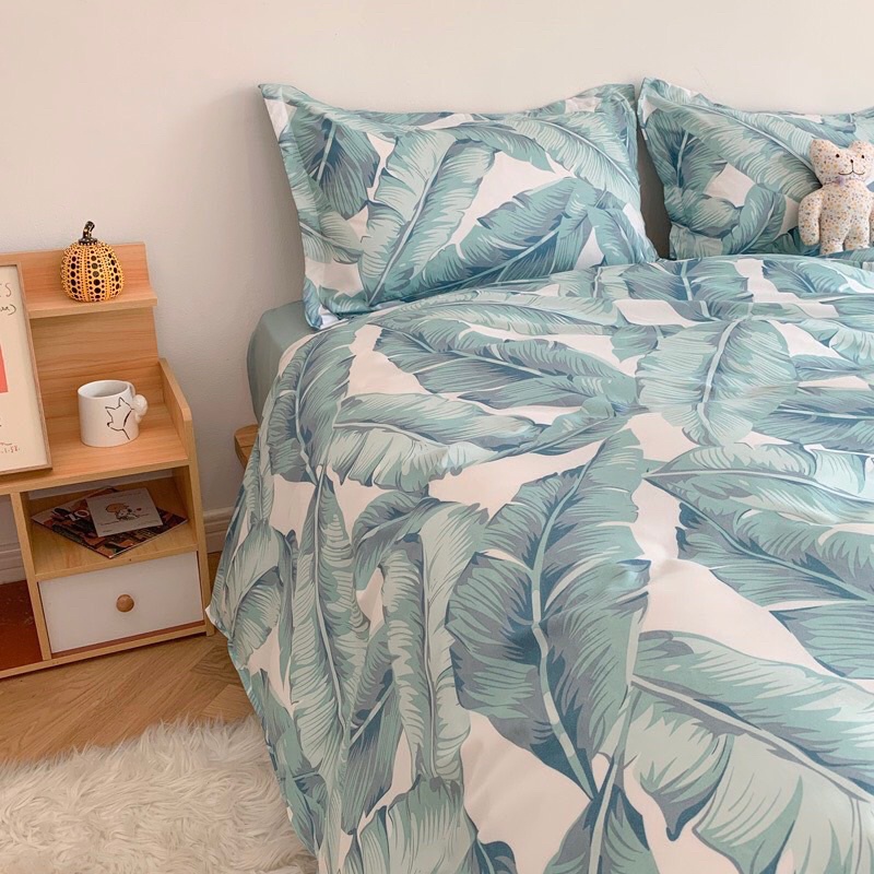 Bộ chăn ga gối cotton poly - Mẫu lá khoai xanh
