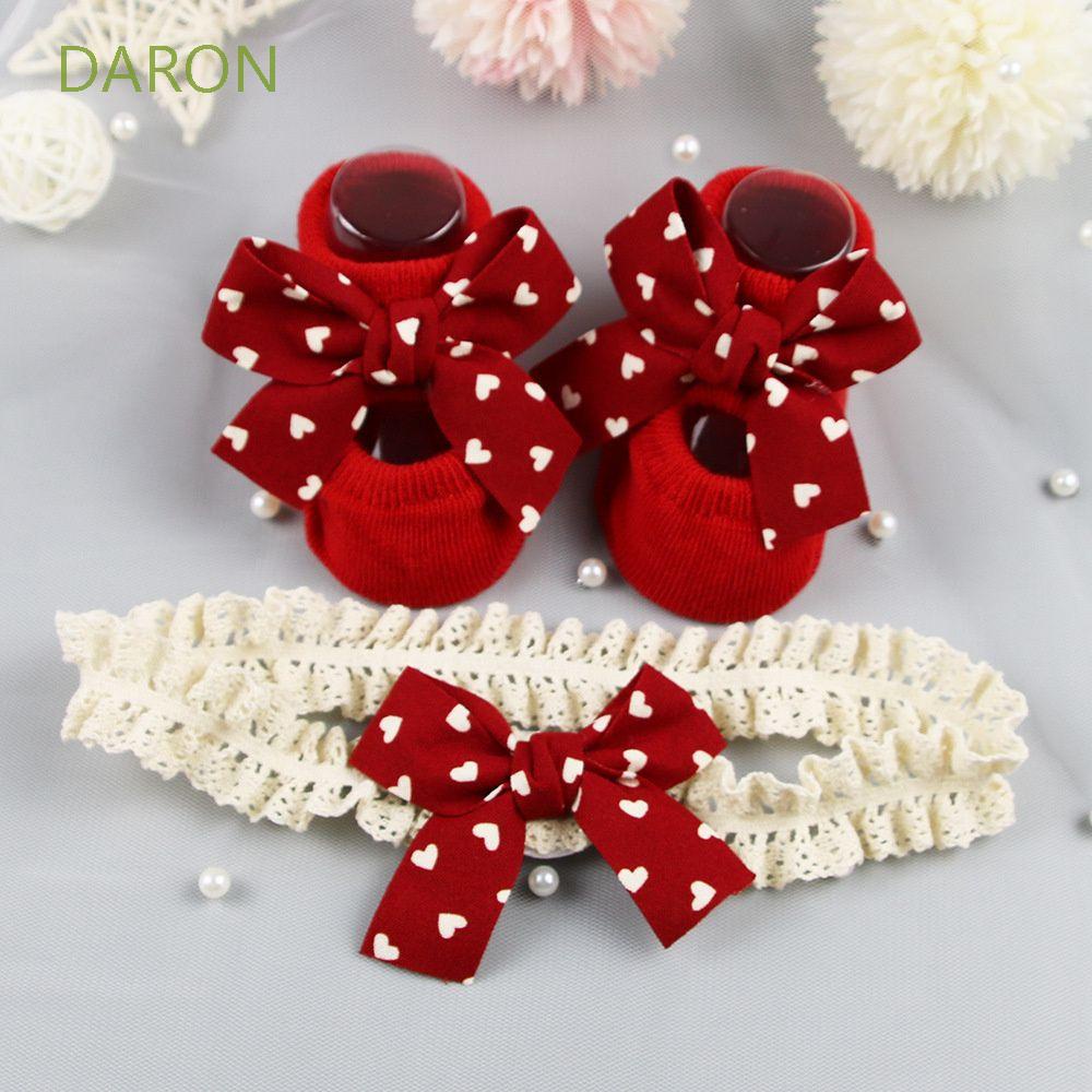 Set vớ và băng đô vải cotton mềm mại chống trơn trượt màu đỏ thời trang mua thu cho bé gái sơ sinh