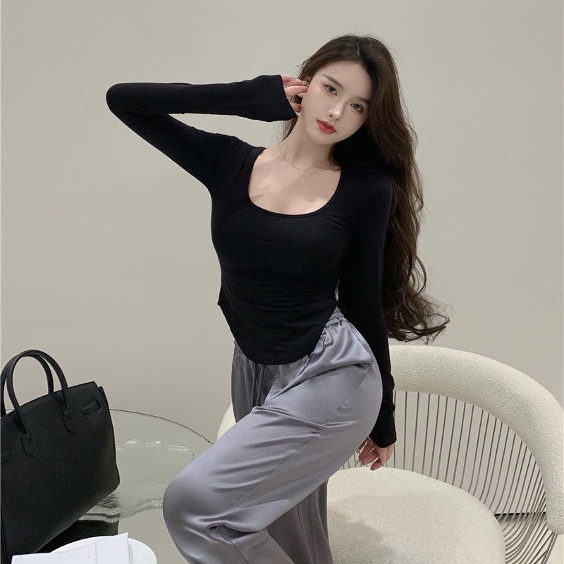 COZOK Áo thun tay dài cổ chữ U dáng ôm đơn giản dễ phối đồ