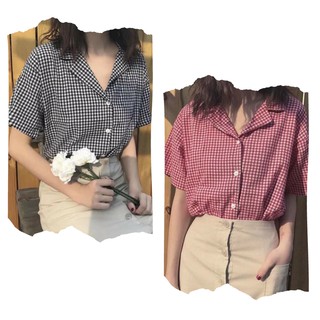 Áo Sơ Mi Cổ Vest Kẻ Caro Đen Đỏ Ulzzang Cúc Trắng - Sản Phẩm Mới