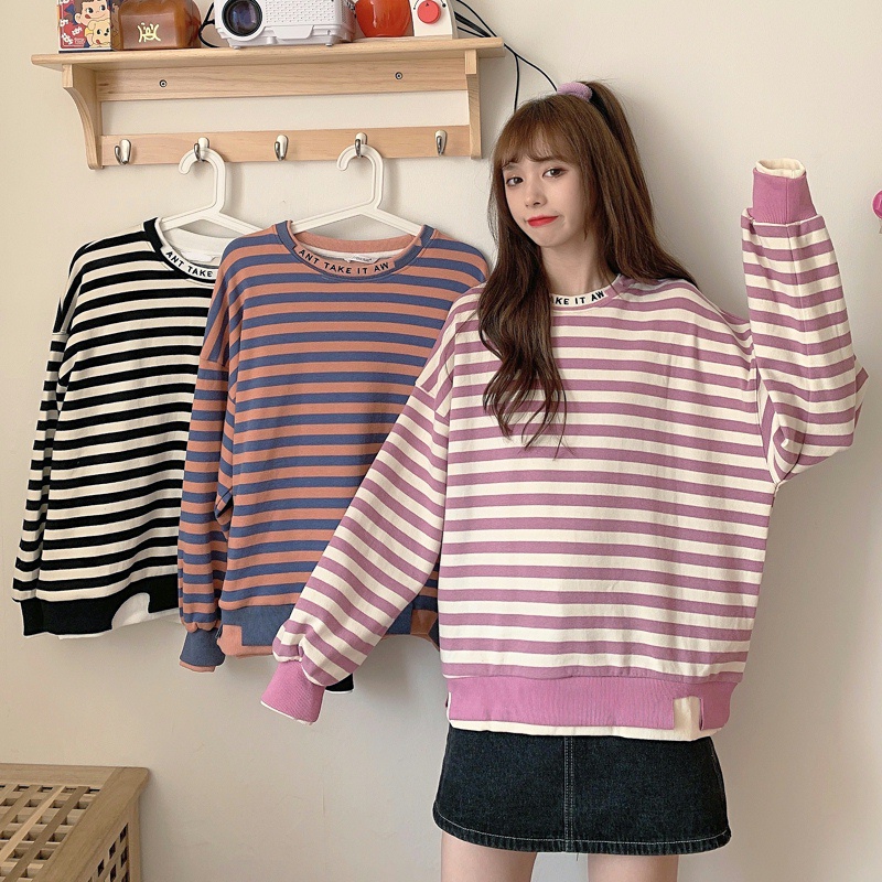 Áo Sweater Dài Tay Dáng Rộng Với Họa Tiết Sọc Ngang Xinh Xắn Theo Phong Cách Hàn Quốc