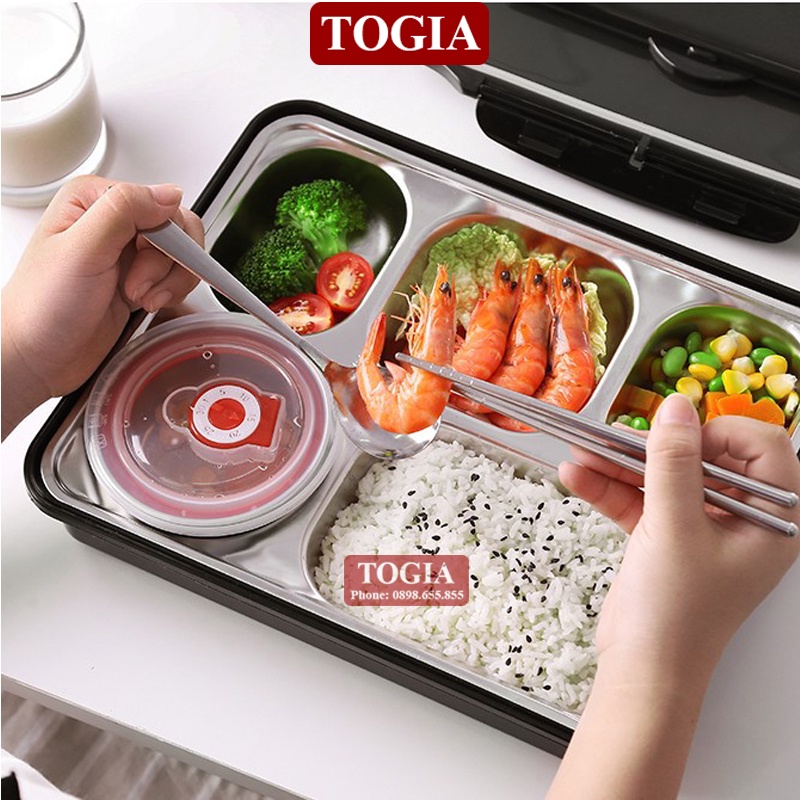 Hộp Cơm Giữ Nhiệt - Khay Đựng Cơm Văn Phòng Chia Ngăn Kèm Bát Ăn Inox Và Thìa Đũa Cao Cấp TOGIA