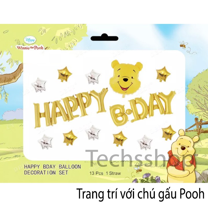 Gói trang trí sinh nhật, thôi nôi, đầy tháng hình gấu pooh vàng - Trang trí happy birthday - phụ kiện trang trí