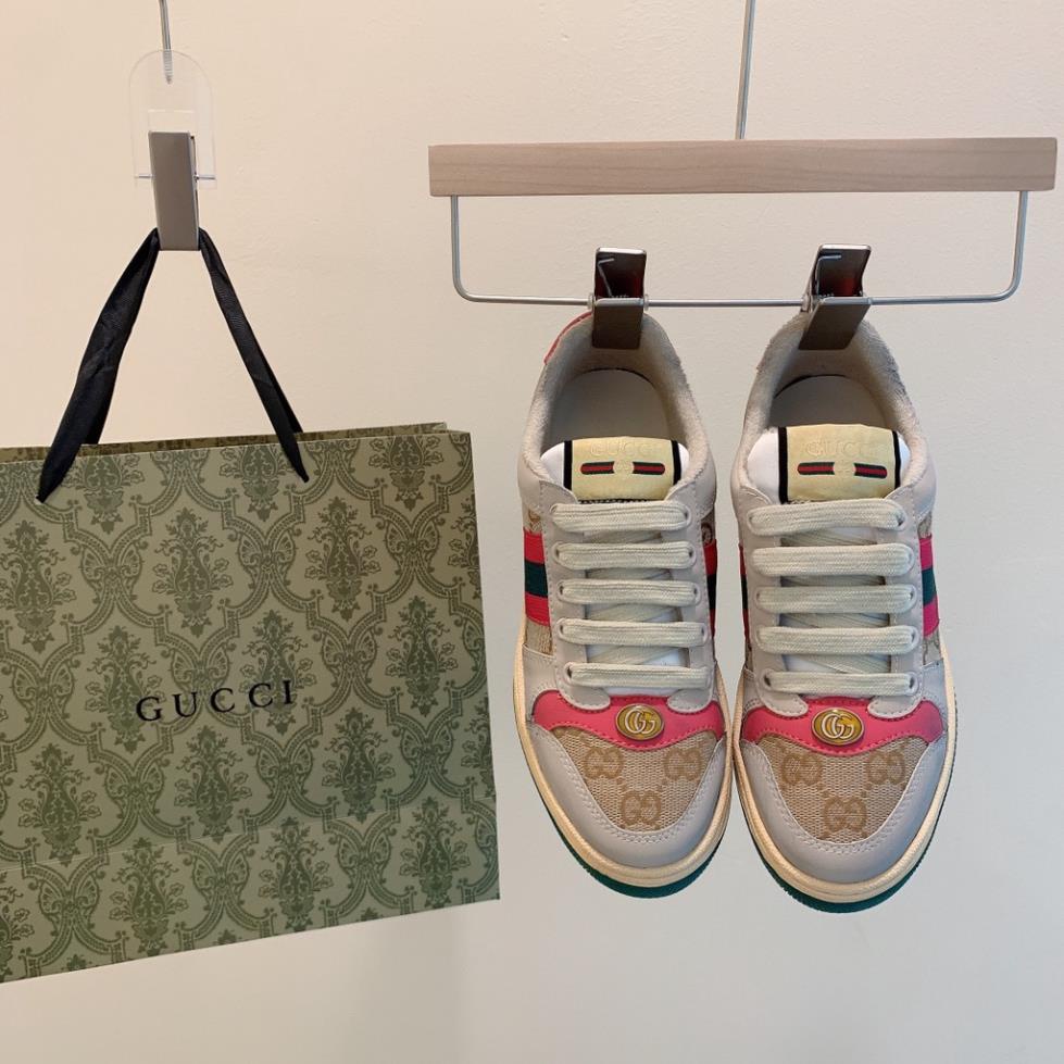 Giày Thể Thao Gucci Vải Da Bò Phối Lưới Thoáng Khí Buộc Dây Màu Nâu Hồng Thời Trang Cho Nữ ️🏀