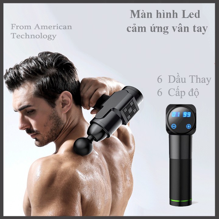 Máy Massage Cầm Tay Không Dây Màn Hình Led, Súng Massage 6 Đầu Rung, 6 Chế Độ Rung