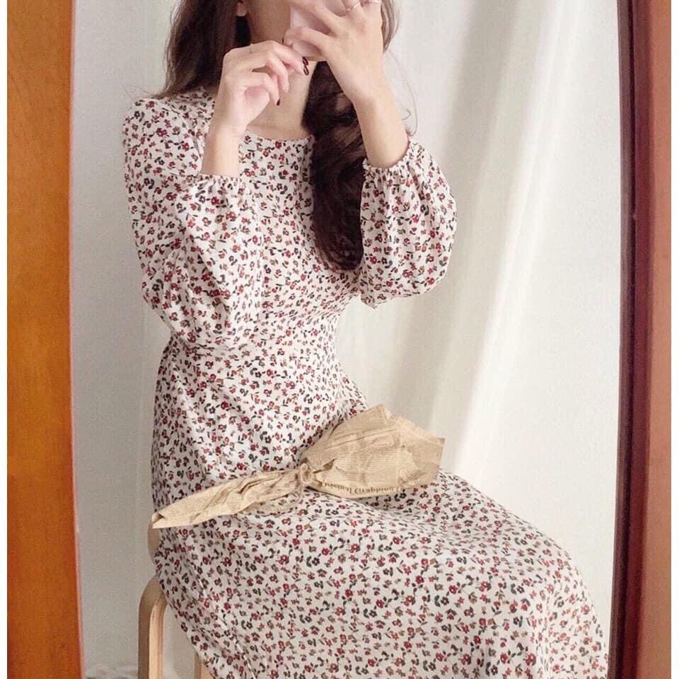 Đầm Hoa Nhí Dáng Dài 2 Lớp - Váy Hoa Vintage Thắt Nơ Eo