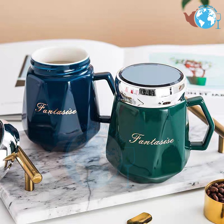 Ly sứ nắp tráng gương thân ly họa tiết kim cương 460ml có tay cầm cao cấp