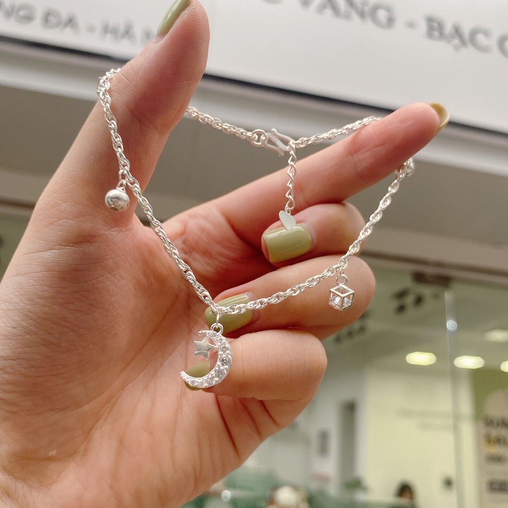 Vòng Tay, Lắc Chân Bạc S925 CaoBac Silver Sợi Xích Hoạ Tiết Trăng Sao Đá , Bi Lập Phương Rơi Phong Cách Nhẹ Nhàng Cho Nữ