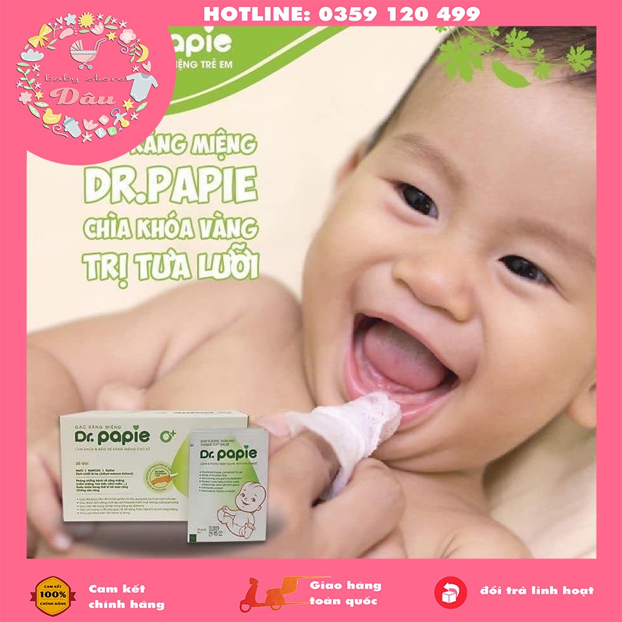 Gạc rơ lưỡi Dr Papie/ rơ lưỡi Dr Papie hộp 30 gói chăm sóc răng miệng bé an toàn, xỏ ngón tiện lợi