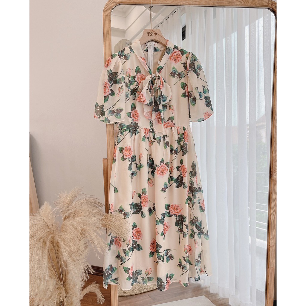 VÁY XÒE HOA HỒNG CỔ NƠ ĐẸP KIỂU DIỄM NỮ DK130 | BigBuy360 - bigbuy360.vn