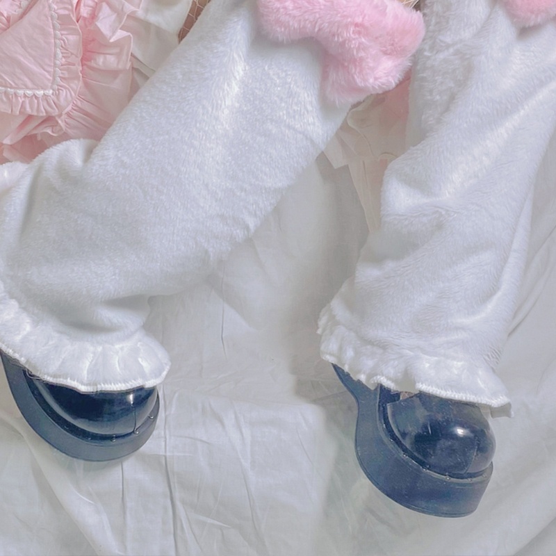 Tất ống chân cao ngang gối lông nhung dày giữ ấm chân đính nơ hồng ngọt ngào phong cách Harajuku Lolita Nhật cho nữ