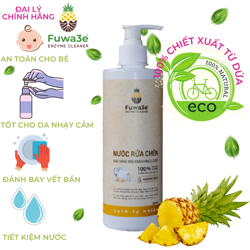 Nước Rửa Chén Bát Hữu Cơ Fuwa3e 500ml, Hương Dứa Enzyme Sinh Học, 100% Tự Nhiên Thân Thiện Môi Trường