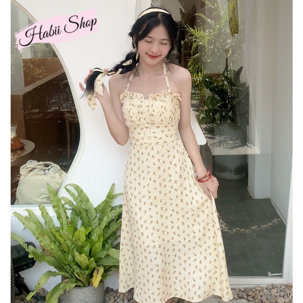 Set váy hoa nhí cổ yếm dáng dài kèm áo khoác cardigan croptop Ulzzang HABII V02