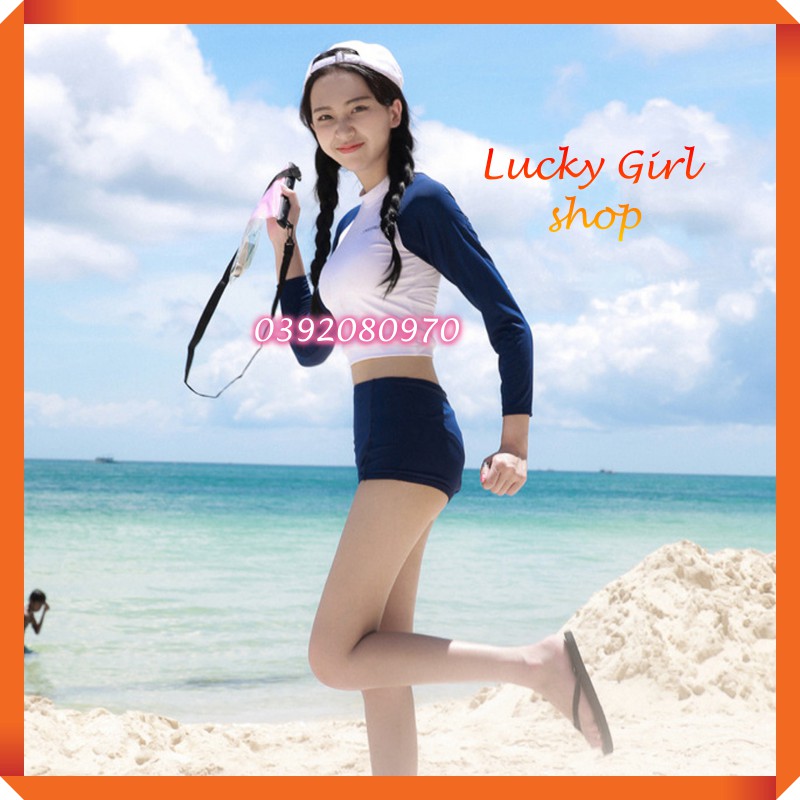 Bikini Bộ Bơi Đồ Bơi Nữ Áo Croptop Tay Dài Kèm Quần Đùi Kiểu Dáng Thể Thao Free Size Dưới 60kg - Lucky Girl shop